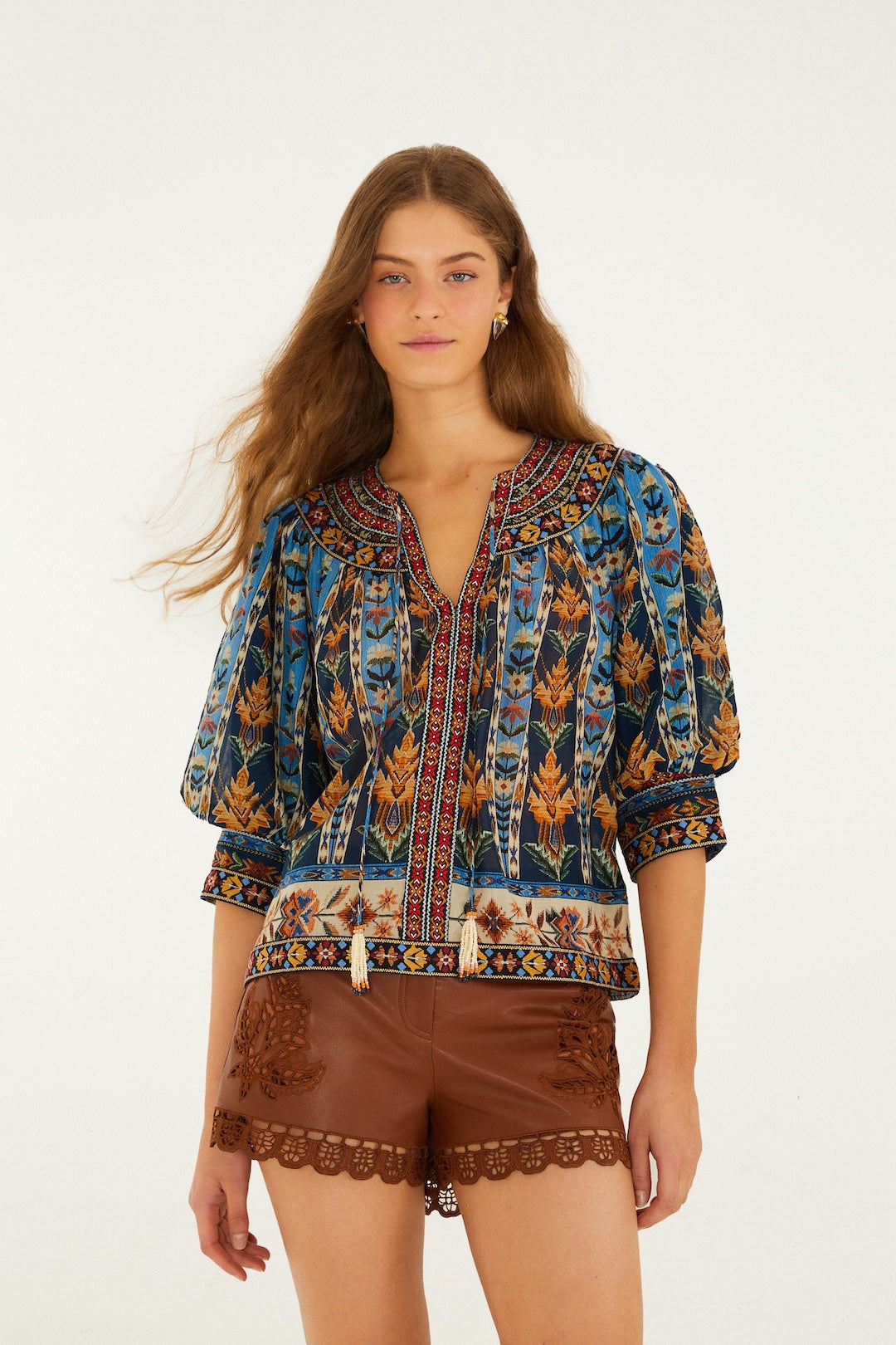 Embroidered Tapestry Tassels Puff Sleeve Blouse