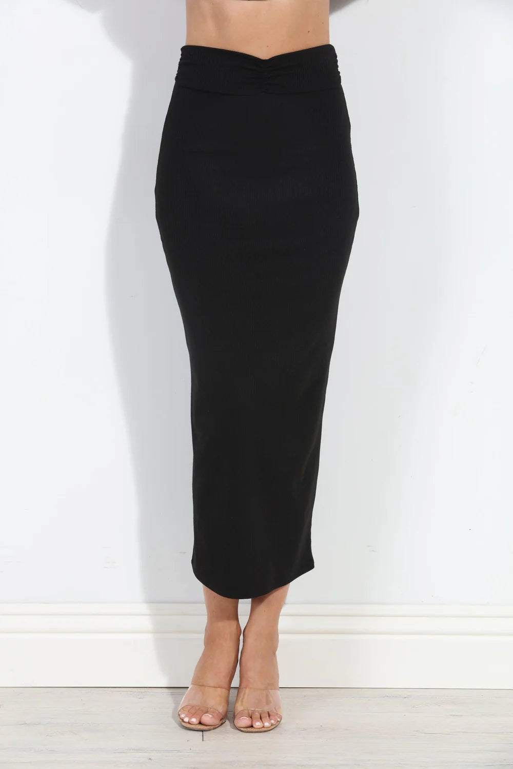 Ribbed Stretch Fitted Midi Skirt