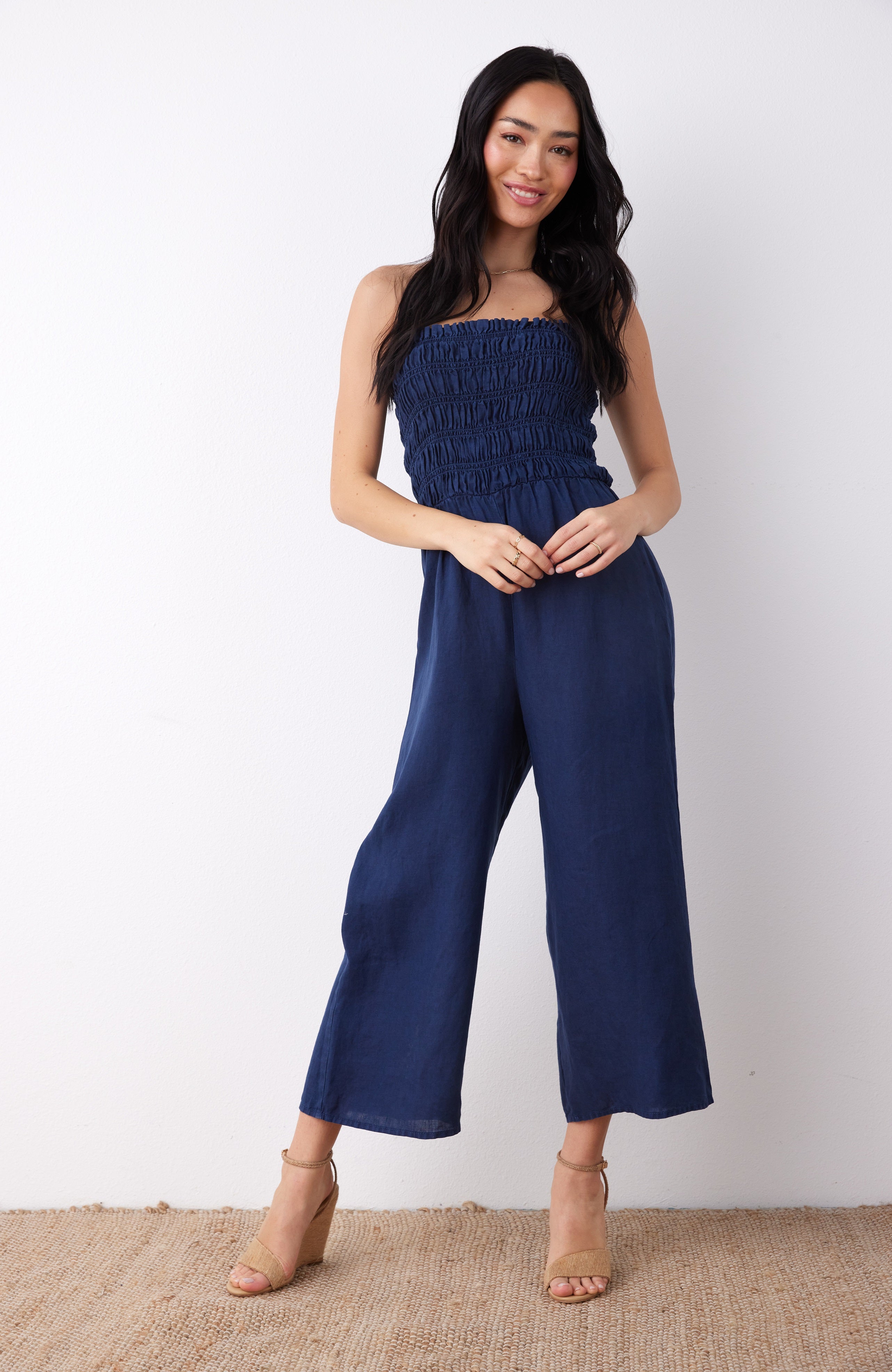 Linen Smocked Strapless Jumpsuit