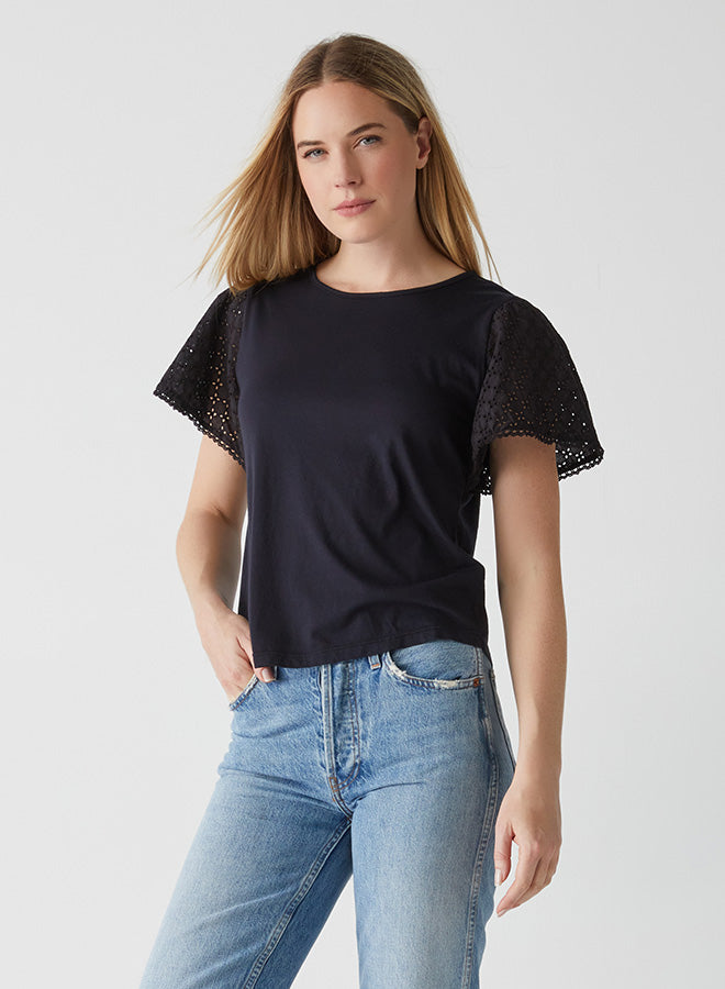 Jenny Eyelet Mixed Flutter Sleeve Top