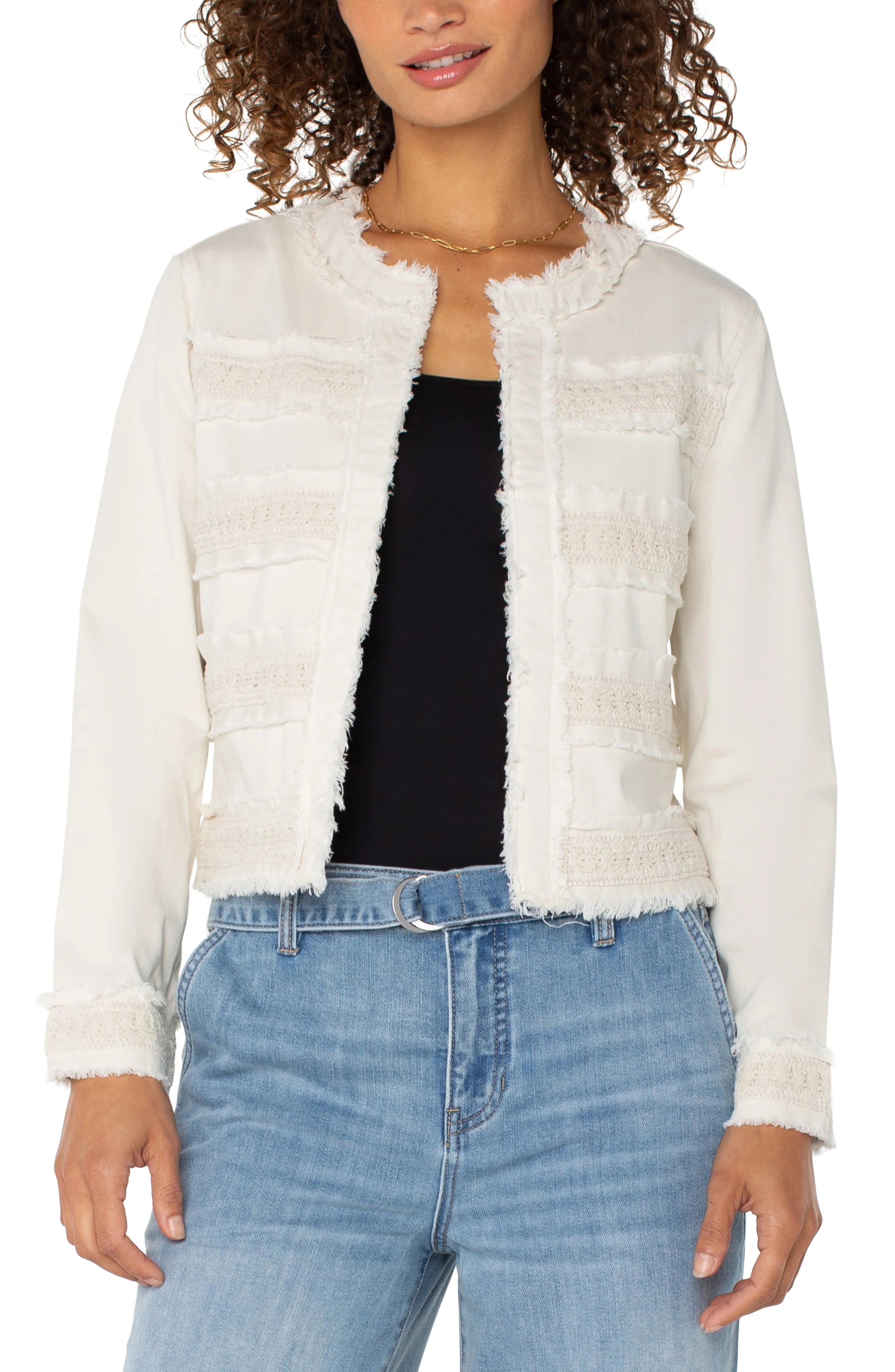 Collarless Jacket With Fray & Lace