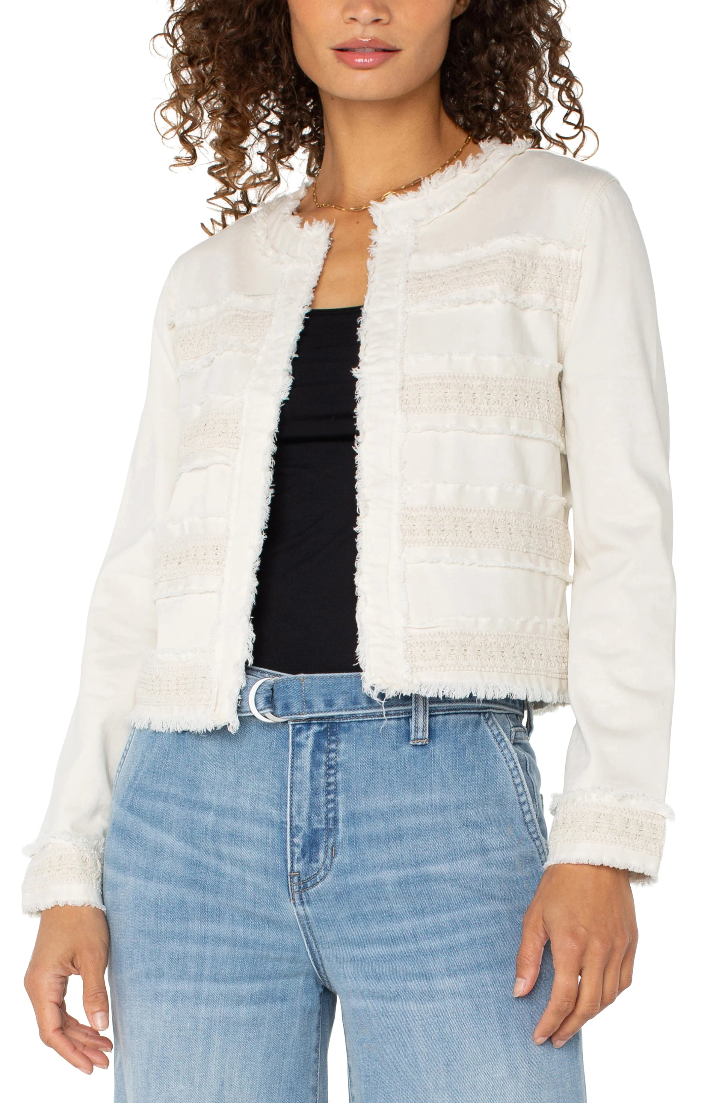 Collarless Jacket With Fray & Lace