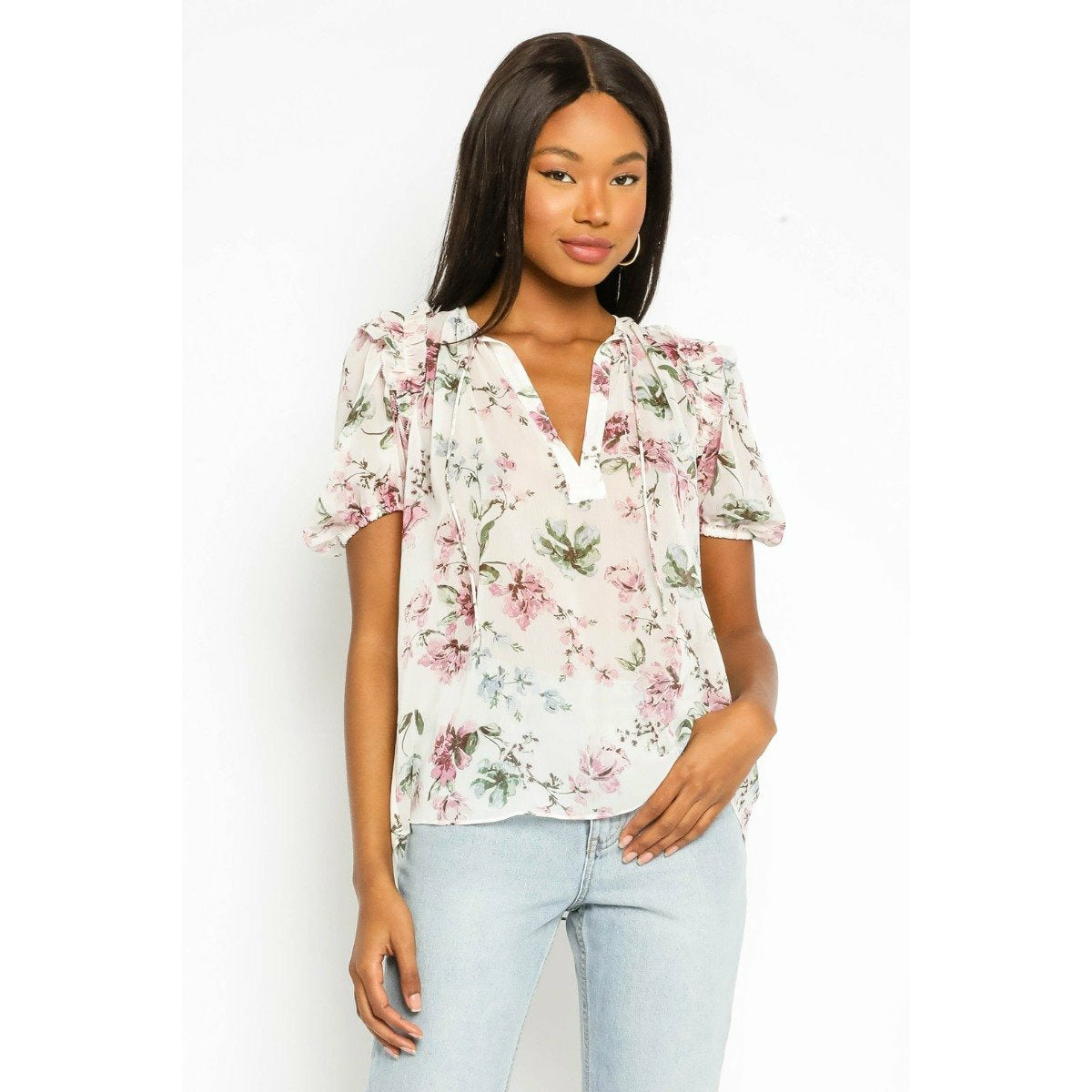 Watercolor Floral Puff Sleeve Top