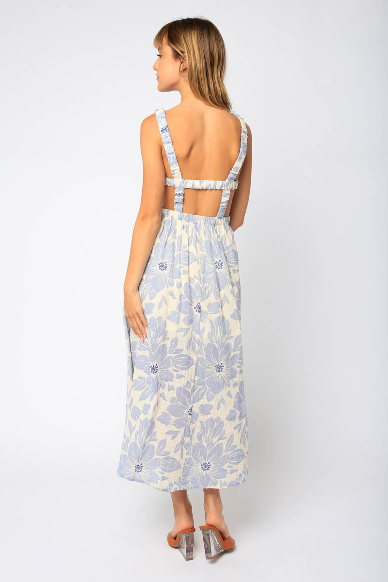 Midi Side Cutout Low Back Floral Print Dress