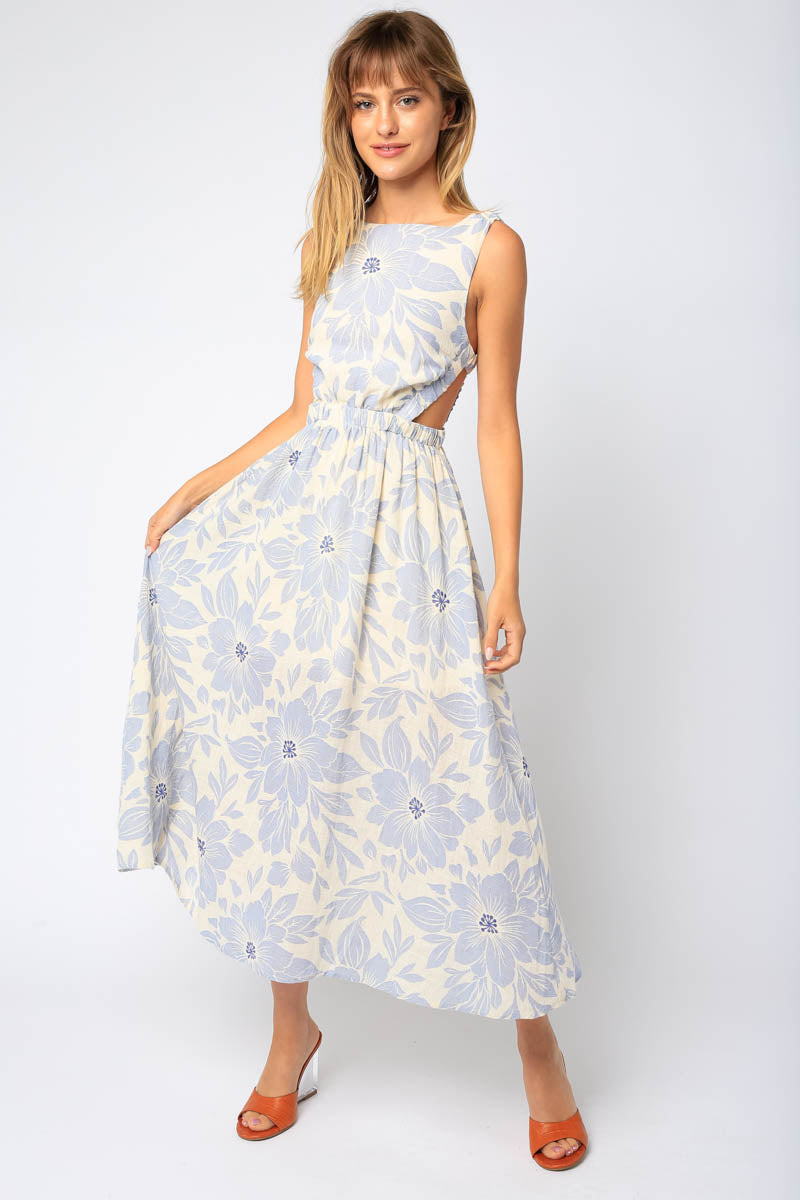 Midi Side Cutout Low Back Floral Print Dress