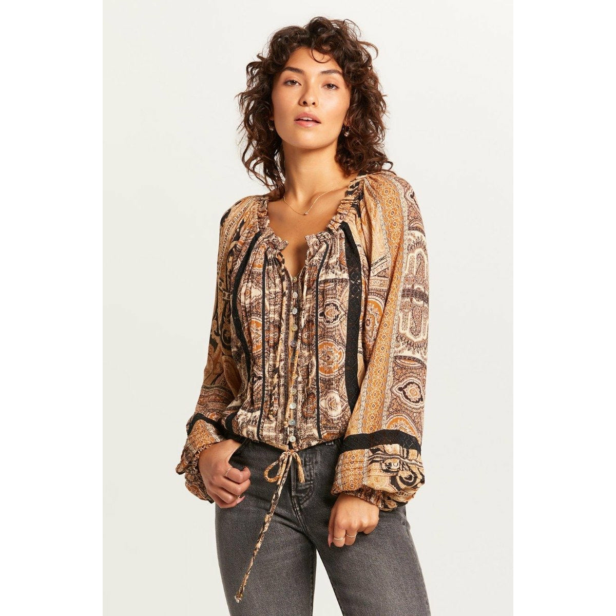 Golden Tapestry Button Up Blouse