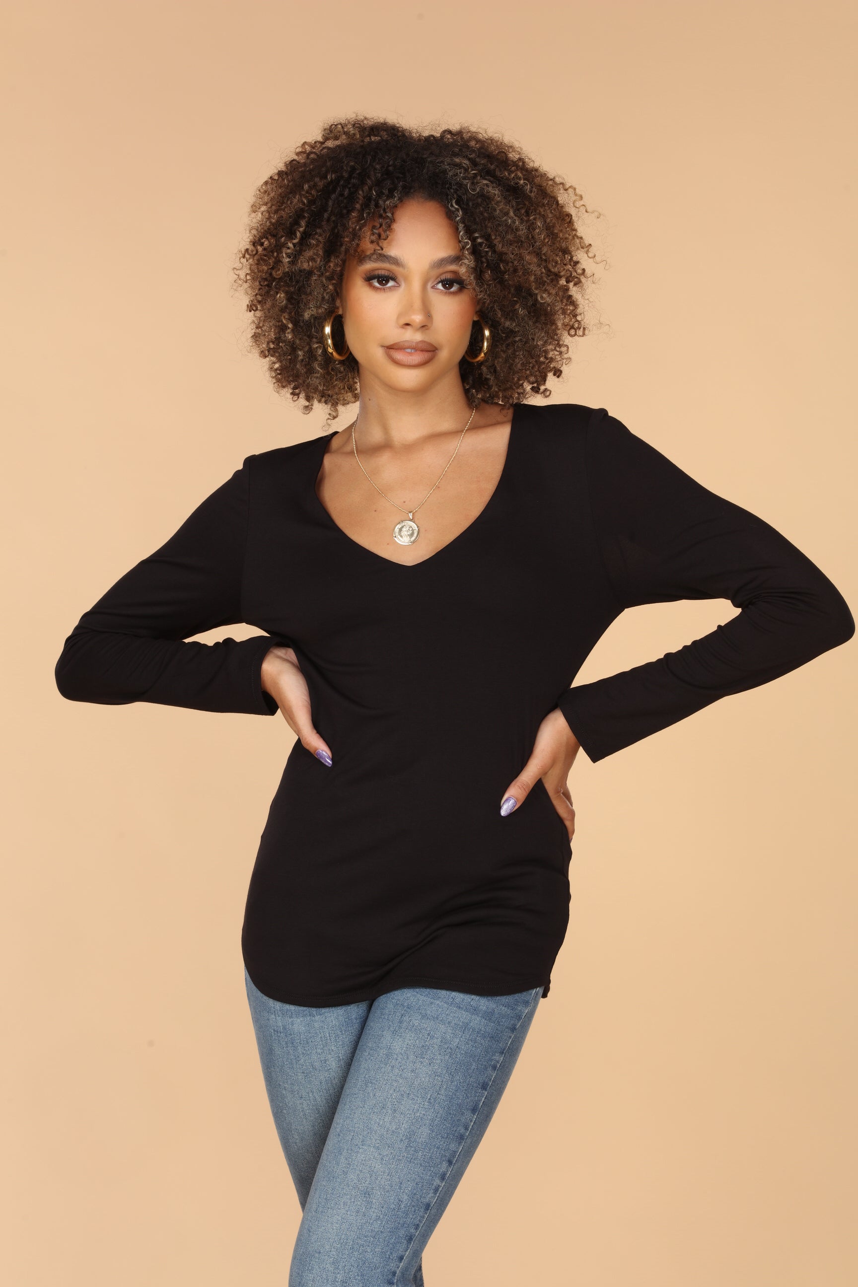 V-Neck Lined Long Sleeve Top