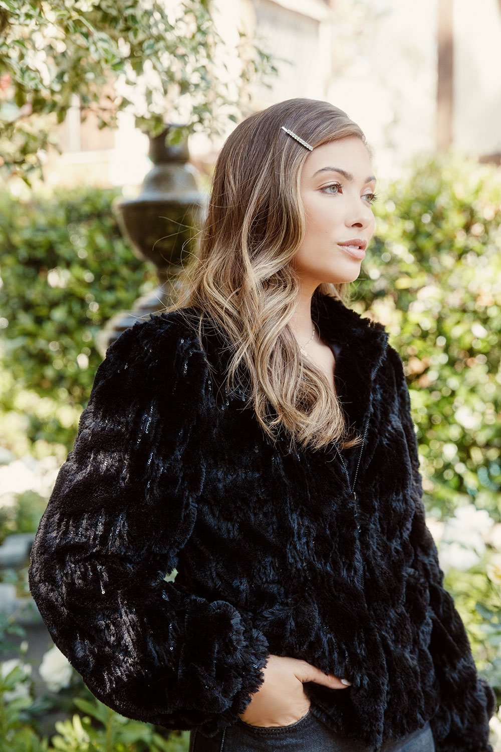 Sequin Faux Fur Puff Sleeve Zip Up