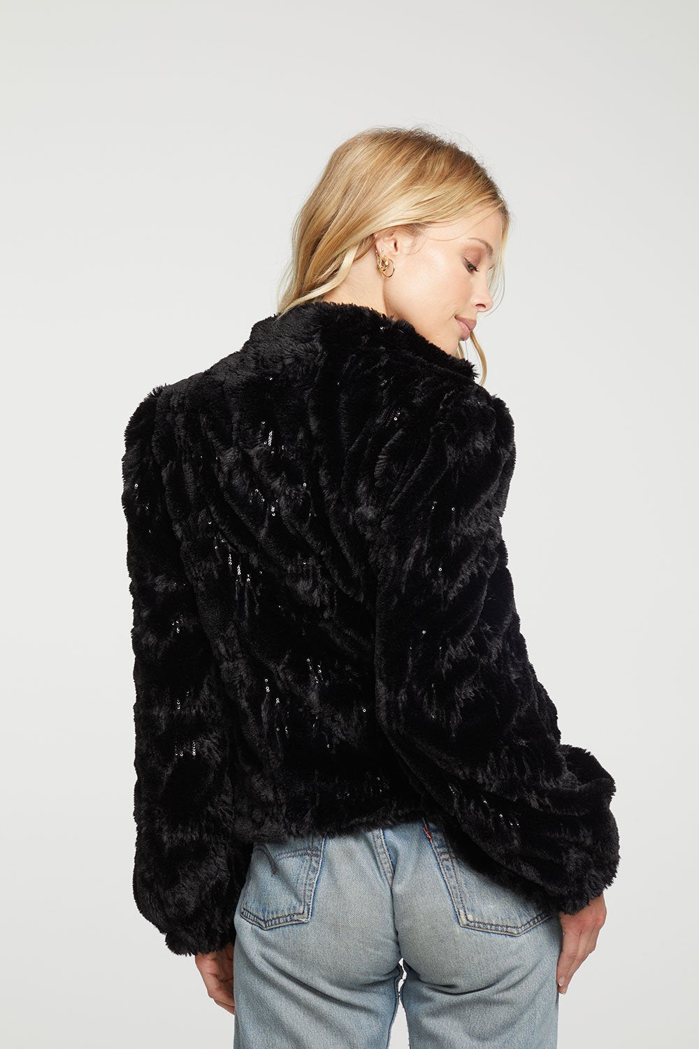 Sequin Faux Fur Puff Sleeve Zip Up