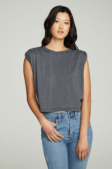 Shirred Muscle Tee With Twisted Roll Sleeve