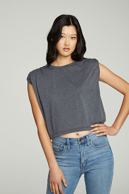 Shirred Muscle Tee With Twisted Roll Sleeve