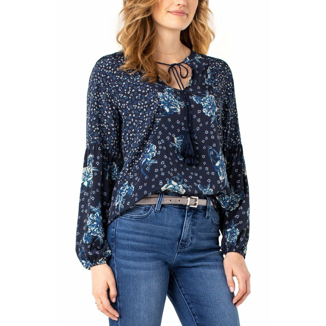 Printed Blocked Tie Front Shirred Blouse