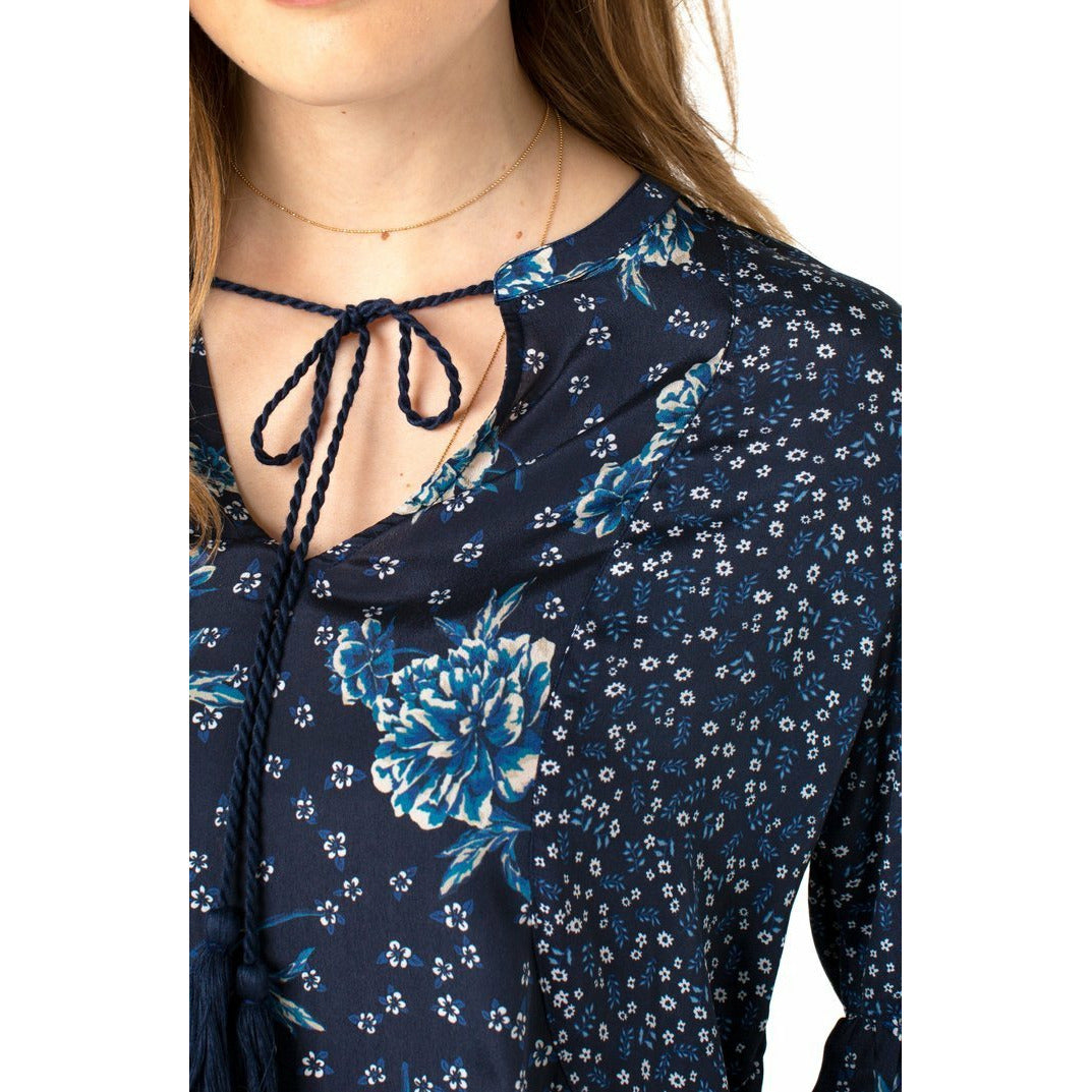 Printed Blocked Tie Front Shirred Blouse