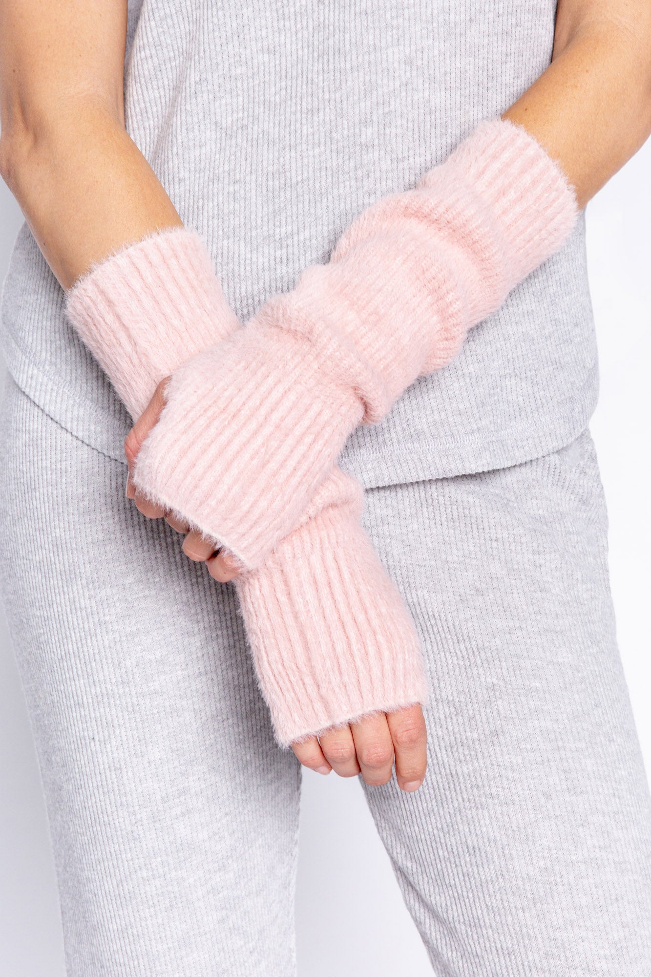 Feather Knit Arm Warmers in Pink Clay