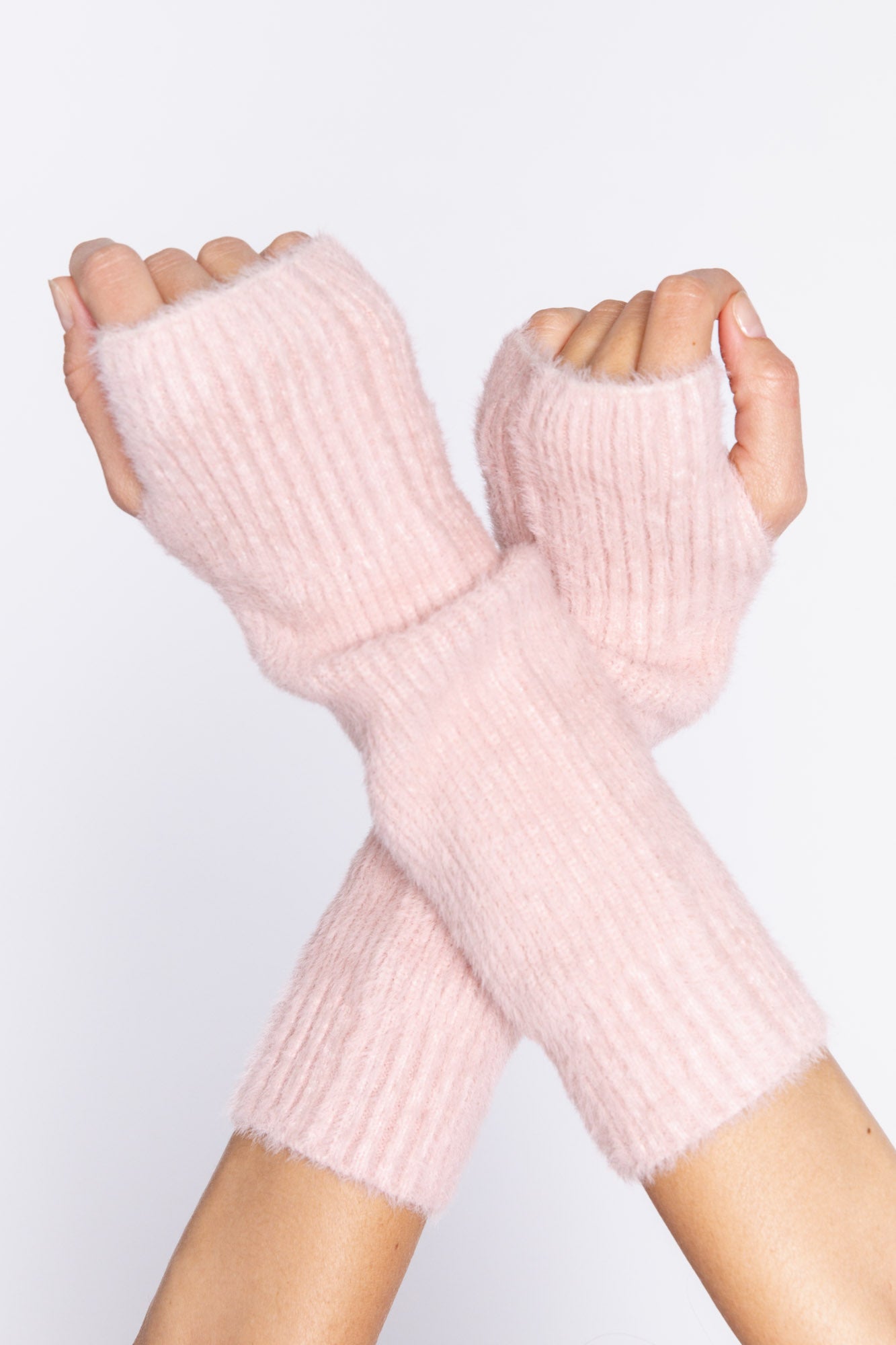 Feather Knit Arm Warmers in Pink Clay