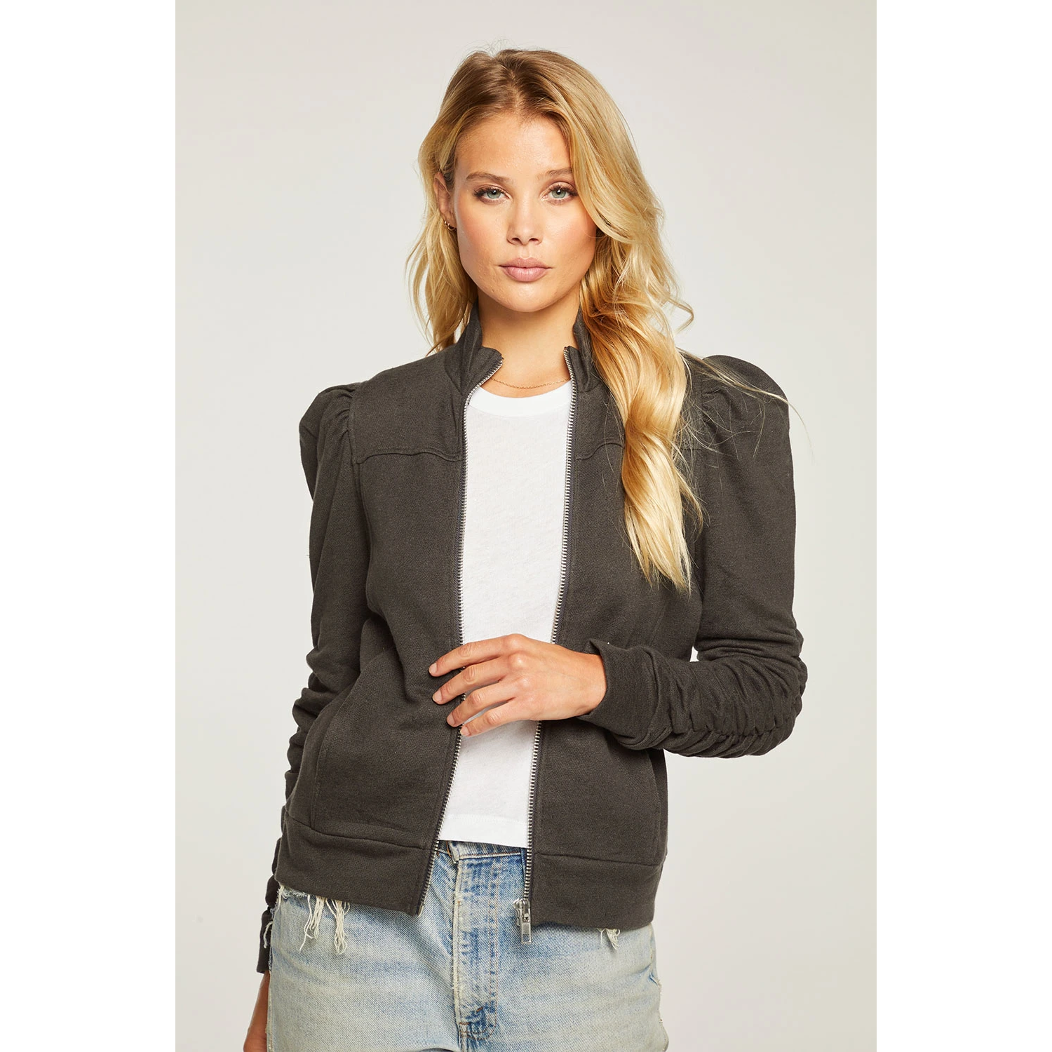 Linen French Terry Shirred Puff Sleeve Zip Up Jacket